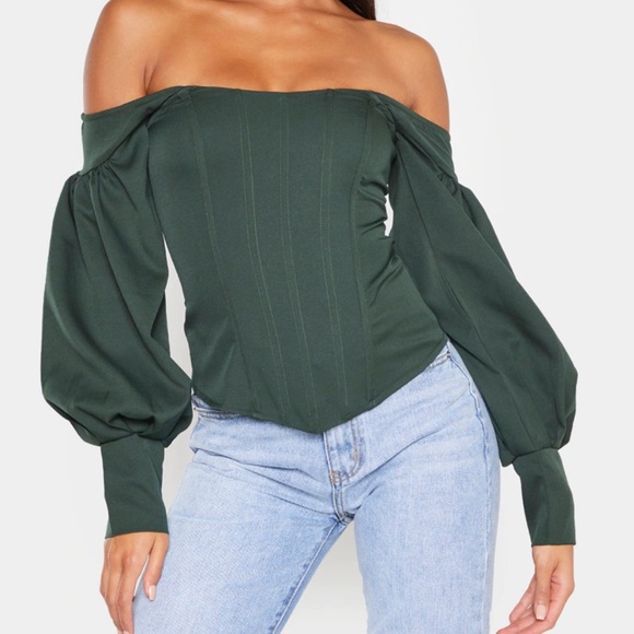 PrettyLittleThing Tops - PRETTY LITTLE THING EMERALD BARDOT BALLOON SLEEVE CORSET TOP | SIZE 12